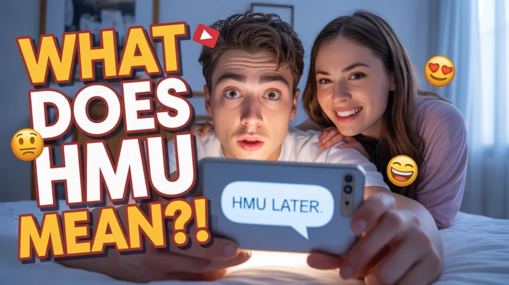 Two young adults reacting to a smartphone showing a chat message “HMU later,” with bold text asking what HMU means, illustrating texting slang confusion.