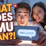 Two young adults reacting to a smartphone showing a chat message “HMU later,” with bold text asking what HMU means, illustrating texting slang confusion.