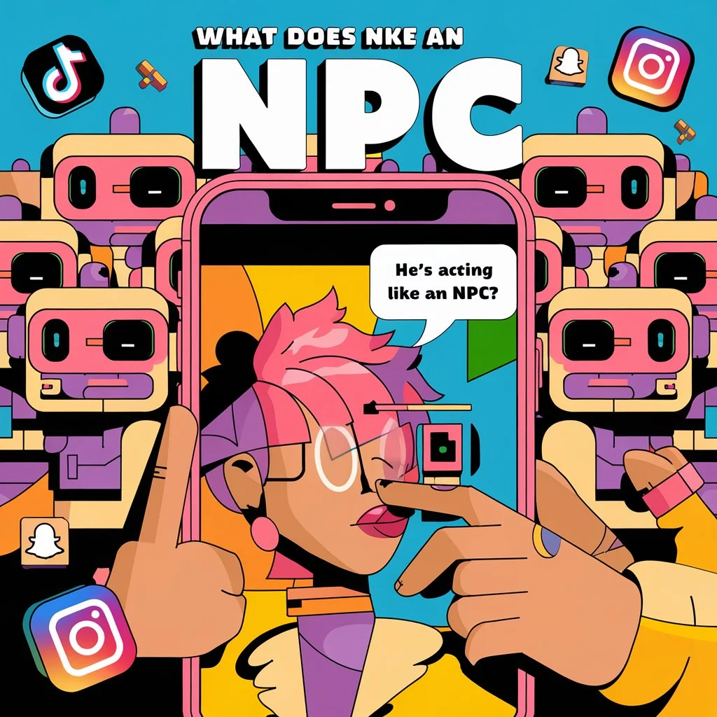Illustration of a person texting on a smartphone with identical video game–style characters in the background, representing the slang meaning of NPC (Non-Player Character) used in texting, memes, and social media.
