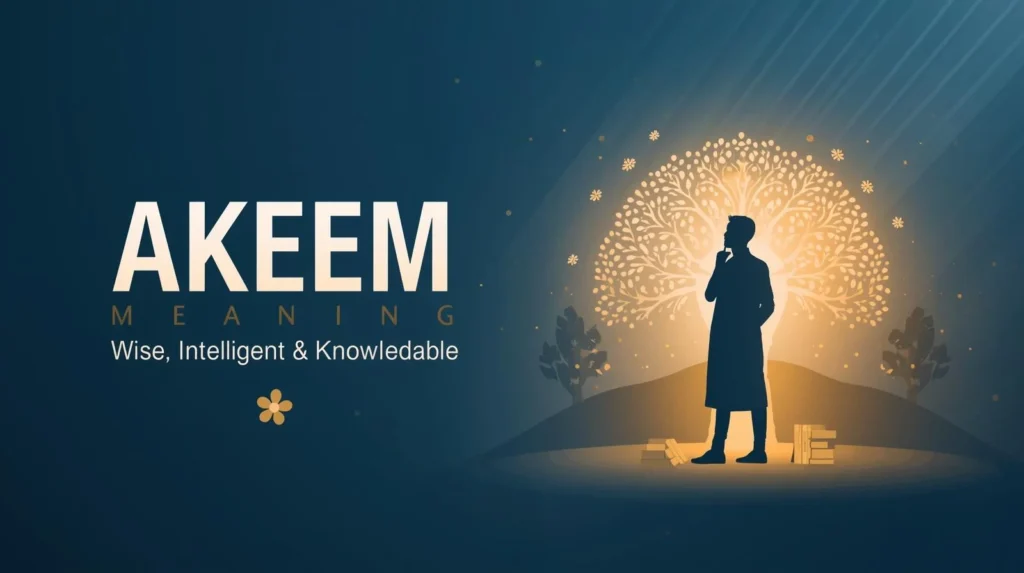 Akeem meaning illustration showing a calm, thoughtful figure with soft glowing light, symbolizing wisdom and knowledge, with text “Akeem Meaning – Wise, Intelligent & Knowledgeable” in a clean modern design.