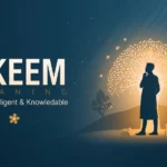 Akeem meaning illustration showing a calm, thoughtful figure with soft glowing light, symbolizing wisdom and knowledge, with text “Akeem Meaning – Wise, Intelligent & Knowledgeable” in a clean modern design.