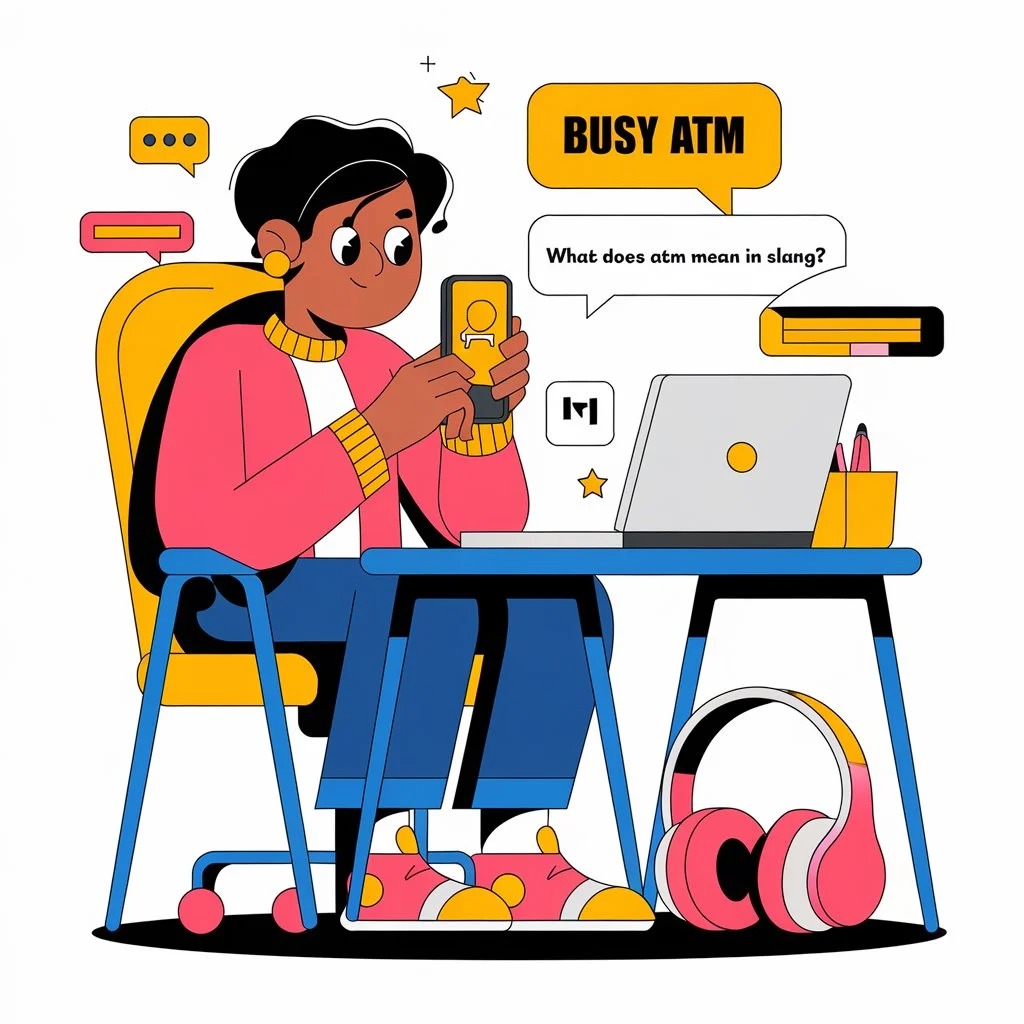 Person texting on a smartphone with a chat message saying “Busy ATM,” illustrating the slang meaning of ATM as “at the moment” in texting and online conversations.