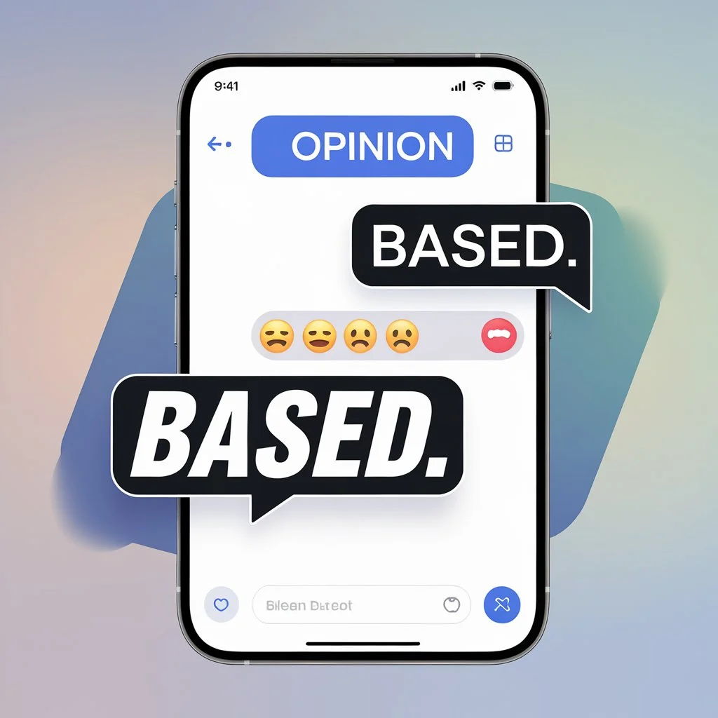 Smartphone chat interface showing a message with a bold opinion followed by a reply bubble saying “Based,” illustrating the slang meaning of “based” as approving or supporting someone’s confident opinion in online conversations.