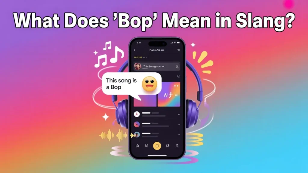 Smartphone screen showing a chat message saying “this song is a bop” with music icons, illustrating the slang meaning of “bop” in texting and social media.