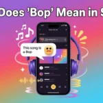 Smartphone screen showing a chat message saying “this song is a bop” with music icons, illustrating the slang meaning of “bop” in texting and social media.