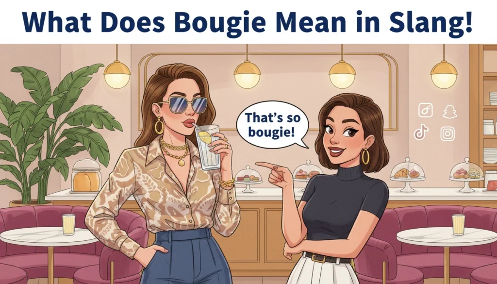 Cartoon illustration of two friends in a stylish café where one is dressed in fashionable designer clothes holding a fancy latte while the other jokes “That’s so bougie,” representing the slang meaning of bougie as enjoying luxury or fancy things.
