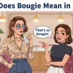 Cartoon illustration of two friends in a stylish café where one is dressed in fashionable designer clothes holding a fancy latte while the other jokes “That’s so bougie,” representing the slang meaning of bougie as enjoying luxury or fancy things.