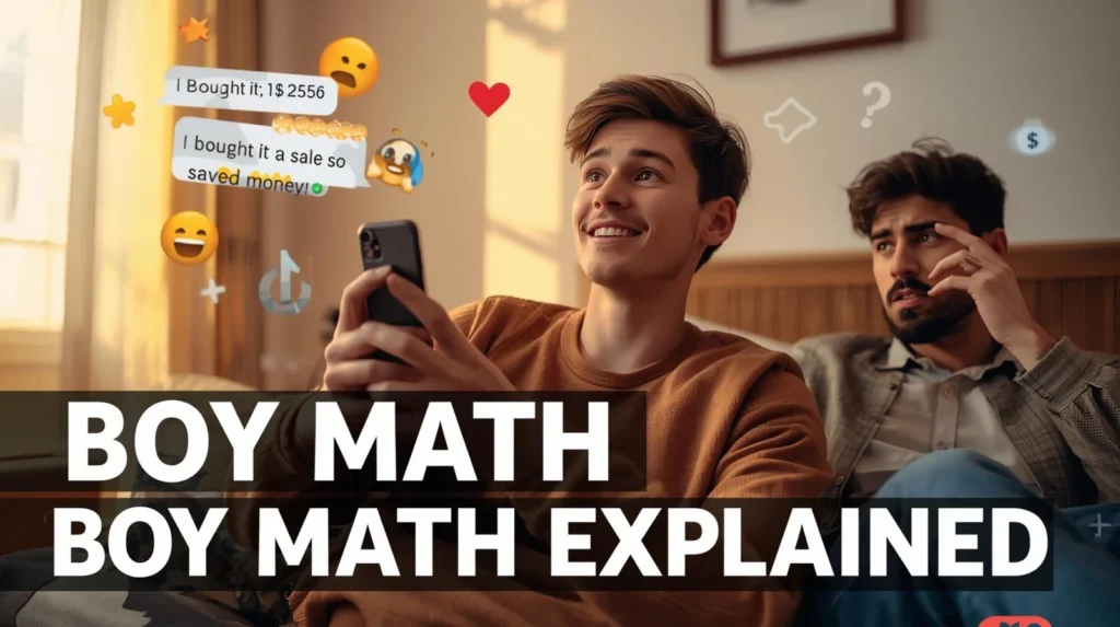 Young man confidently explaining a funny money decision on his phone while a friend looks confused, illustrating the concept of “boy math” slang with chat messages and humor.