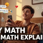 Young man confidently explaining a funny money decision on his phone while a friend looks confused, illustrating the concept of “boy math” slang with chat messages and humor.