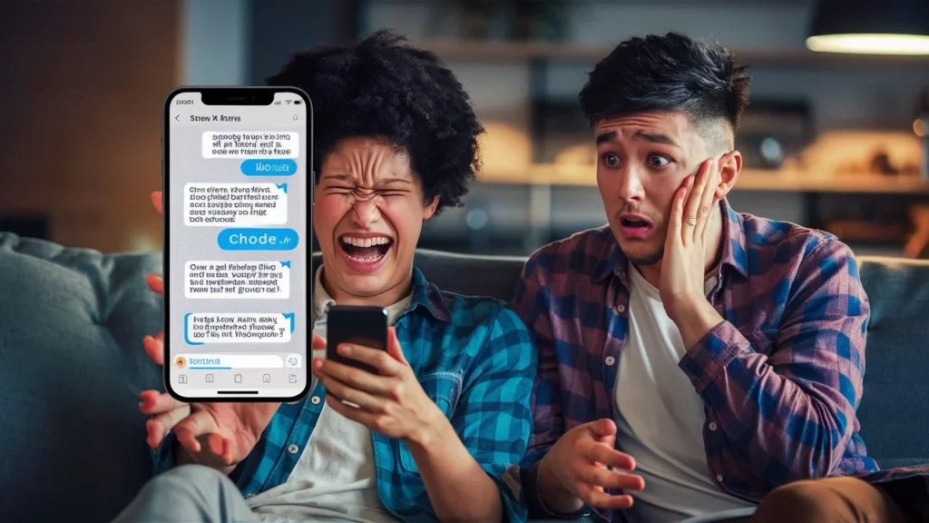Two young adults reacting dramatically while looking at a phone showing a chat message with the word “chode,” one laughing loudly and the other looking shocked and confused.
