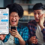 Two young adults reacting dramatically while looking at a phone showing a chat message with the word “chode,” one laughing loudly and the other looking shocked and confused.