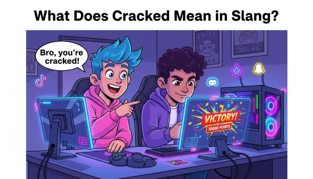 Cartoon illustration of two gamers where one player makes an impressive move while the other reacts with a chat bubble saying “You’re cracked,” representing the slang meaning of being extremely skilled or talented in gaming.