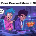 Cartoon illustration of two gamers where one player makes an impressive move while the other reacts with a chat bubble saying “You’re cracked,” representing the slang meaning of being extremely skilled or talented in gaming.