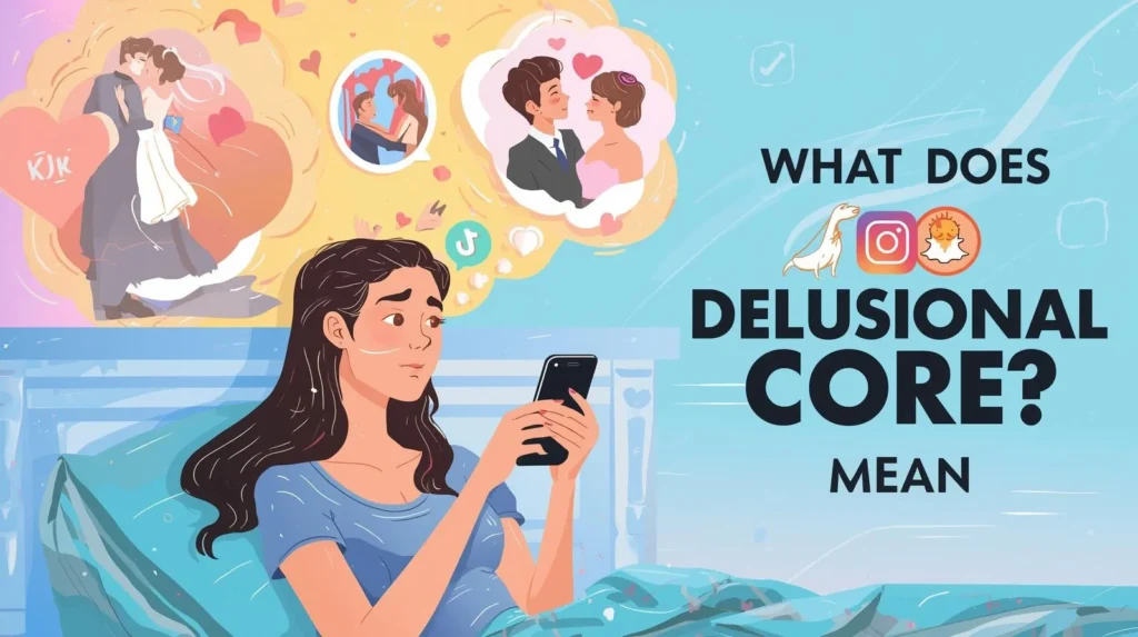 Illustration of a young woman smiling at her phone while imagining romantic and success scenarios in thought bubbles, representing the internet slang concept “delusional core” used on TikTok and social media to describe playful, unrealistic optimism in texting conversations.