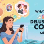 Illustration of a young woman smiling at her phone while imagining romantic and success scenarios in thought bubbles, representing the internet slang concept “delusional core” used on TikTok and social media to describe playful, unrealistic optimism in texting conversations.