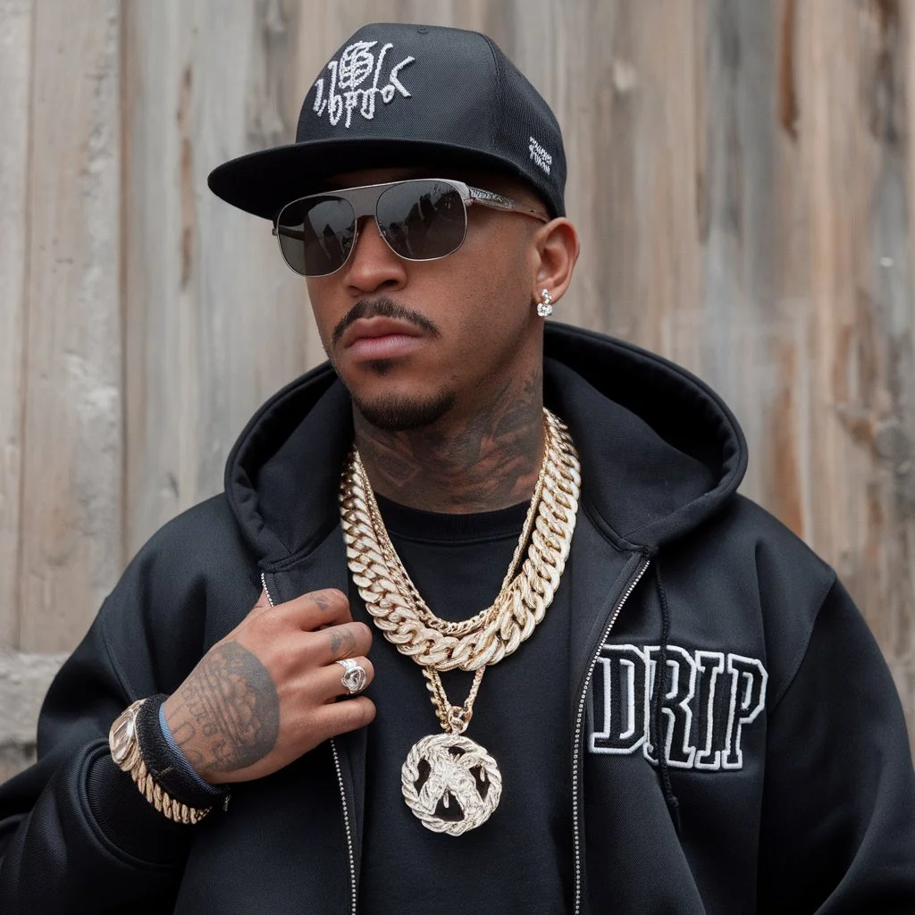 Stylish man wearing sunglasses, a black hoodie with “DRIP” text, and heavy gold chains, representing the slang meaning of “drip” as fashionable style, luxury jewelry, and confident streetwear fashion.