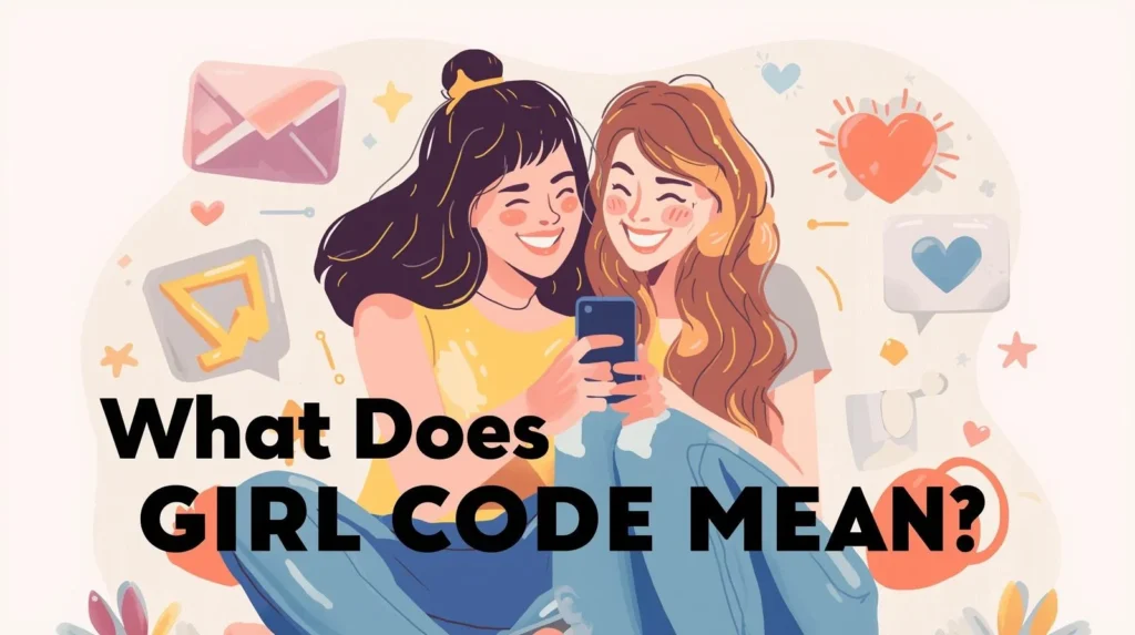 Illustration of two female friends smiling and looking at a smartphone together with chat bubbles and hearts, visually representing the slang concept “girl code” meaning loyalty, support, and unspoken friendship rules between girls in texting and social media conversations.