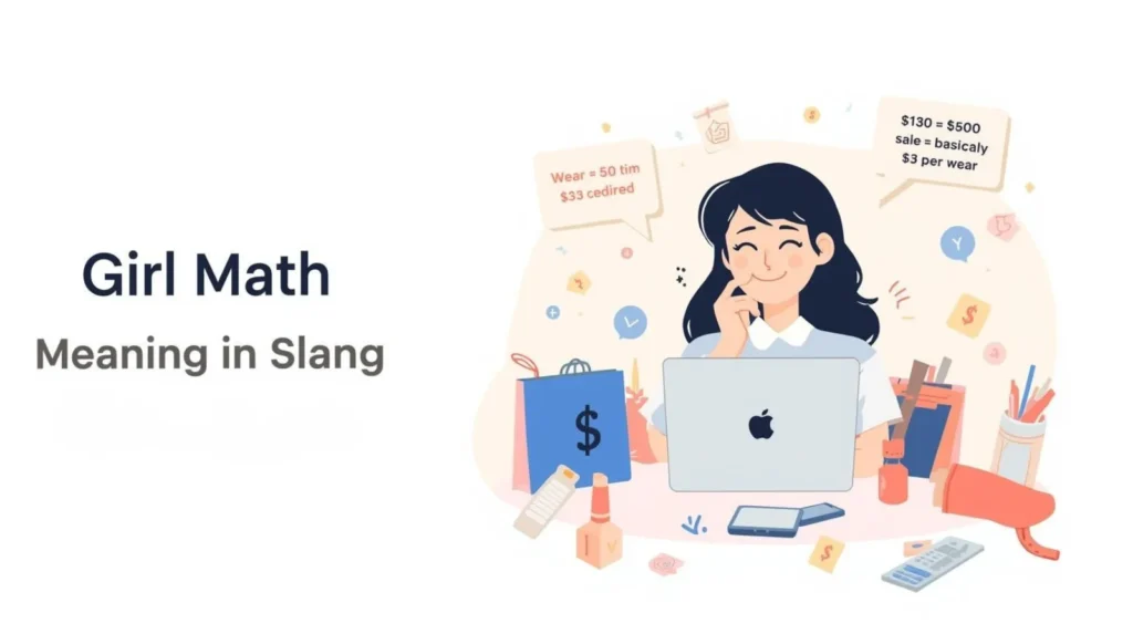 Illustration of a young woman using a calculator and smartphone while shopping online with notes showing humorous price calculations, visually explaining the viral slang concept “girl math” used to justify purchases in social media and texting conversations.