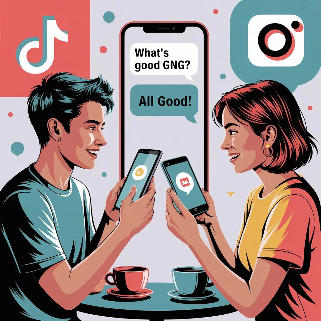 Illustration of two Gen Z friends texting on smartphones with a chat bubble saying “What’s good gng?”, visually explaining the slang meaning of GNG in text as a casual term for friends or a close group in online conversations.