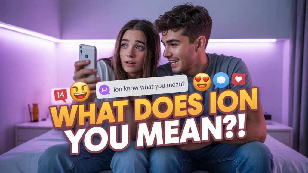 Two young adults reacting to a smartphone showing a chat message “ion know what you mean,” with bold text asking what ION means, highlighting confusion about texting slang.