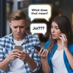 Two young adults looking confused while texting on smartphones, reacting to a message that says “JOI??” and asking what it means, representing curiosity about slang in online conversations.