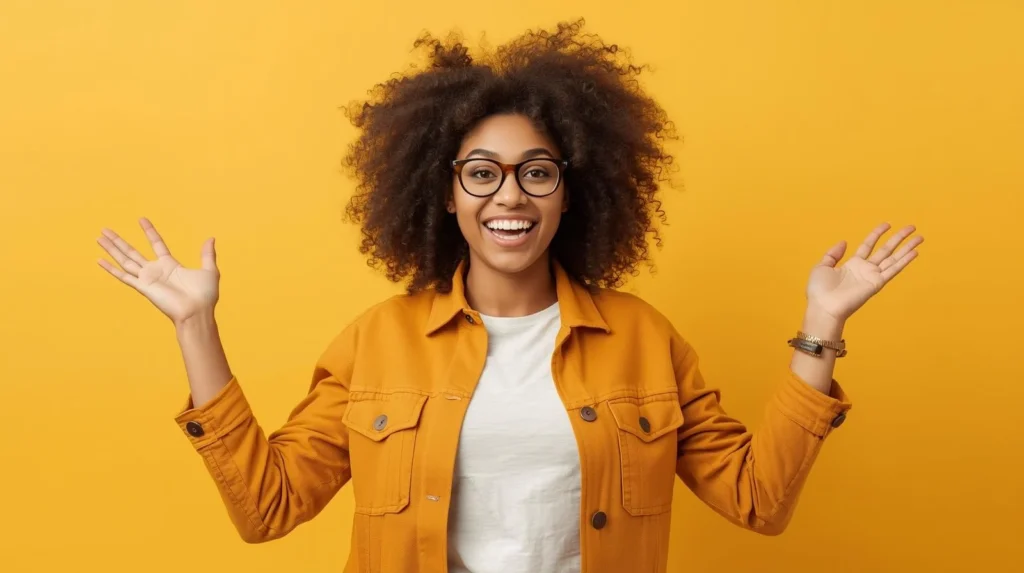 Confident young woman walking through a city street at sunset with headphones on, standing out from a blurred crowd, representing main character energy with a bold text overlay.