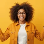 Confident young woman walking through a city street at sunset with headphones on, standing out from a blurred crowd, representing main character energy with a bold text overlay.