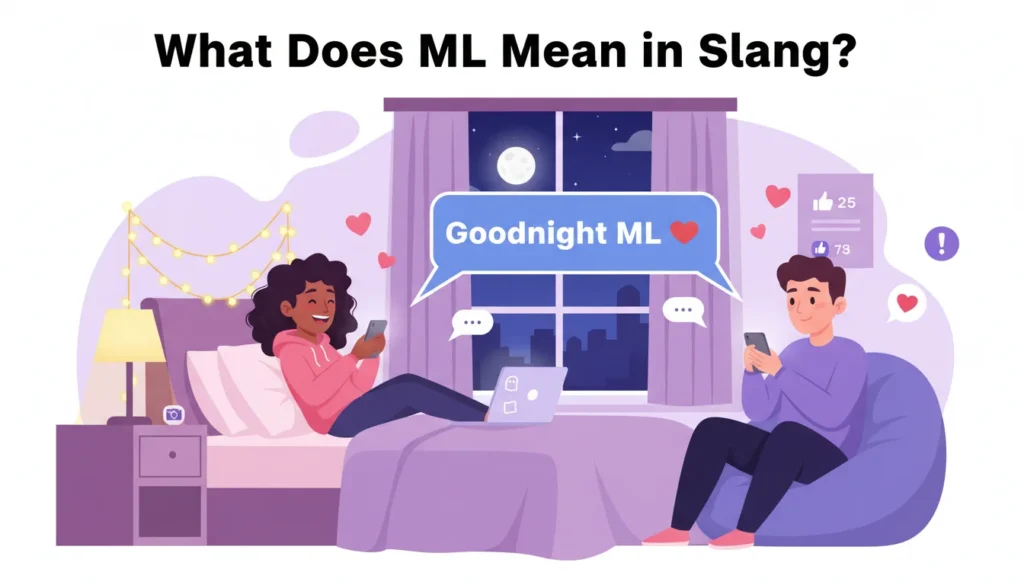 Cartoon illustration of two young people texting on smartphones with a chat bubble saying “Goodnight ML ❤️,” showing the slang meaning of ML as “my love” in online conversations and social media chats.