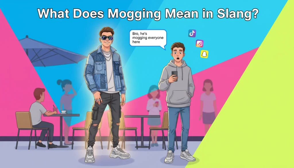 Cartoon illustration of two young people at a social gathering where one stylish character stands out confidently while others notice, visually representing the slang term “mogging,” meaning outshining someone in appearance or confidence.