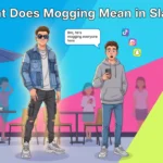 Cartoon illustration of two young people at a social gathering where one stylish character stands out confidently while others notice, visually representing the slang term “mogging,” meaning outshining someone in appearance or confidence.