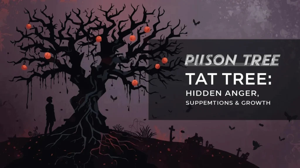 Poison tree tattoo meaning illustration showing a dark symbolic tree with glowing fruit and roots, with text “Poison Tree Tattoo Meaning – Hidden Anger, Suppressed Emotions & Growth” in a modern, artistic design