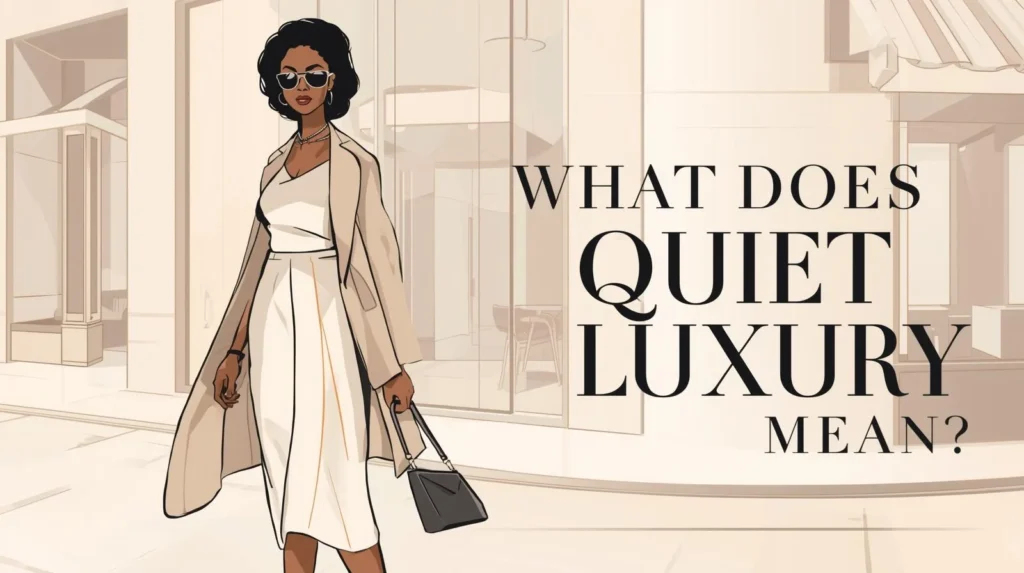 Illustration of a stylish woman in a minimalist neutral-toned outfit walking in a high-end setting, representing the slang term “quiet luxury” meaning subtle, understated wealth and elegant fashion without visible branding.