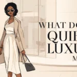 Illustration of a stylish woman in a minimalist neutral-toned outfit walking in a high-end setting, representing the slang term “quiet luxury” meaning subtle, understated wealth and elegant fashion without visible branding.