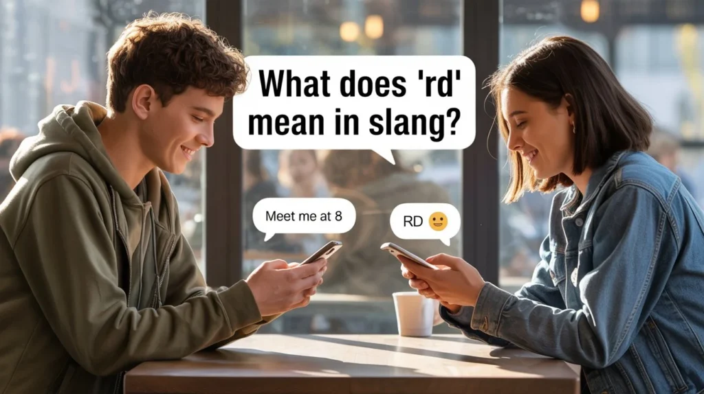 Two young people texting on smartphones in a realistic setting, with a chat reply “RD,” illustrating its slang meaning as “alright” or “okay” in casual conversations.