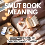 Smut book meaning illustration showing a cozy reading setup with a book, soft romantic elements, and text explaining “Smut Book Meaning – books with steamy or explicit romantic content” in a clean modern design.