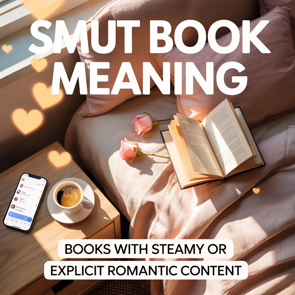Smut book meaning illustration showing a cozy reading setup with a book, soft romantic elements, and text explaining “Smut Book Meaning – books with steamy or explicit romantic content” in a clean modern design.