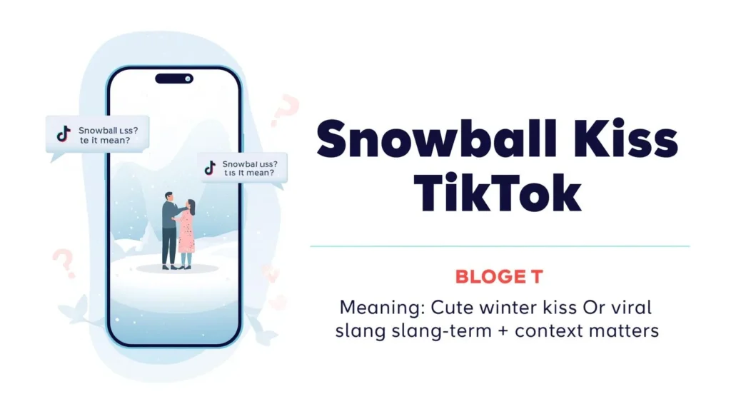 Snowball Kiss TikTok meaning illustration showing a smartphone with a winter scene and text explaining “Snowball Kiss (TikTok)” as a cute winter kiss or viral slang term depending on context.