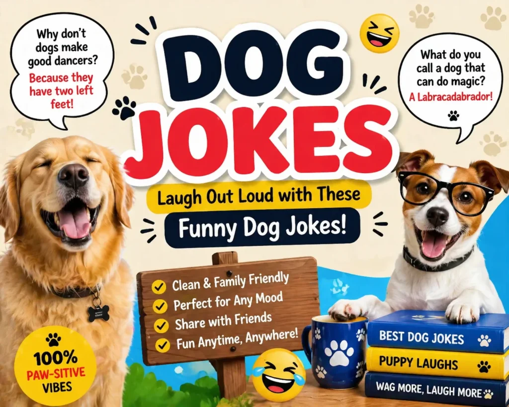 A colorful and playful infographic featuring two happy dogs, humorous dog jokes, and bold text. The image includes dog-themed illustrations, speech bubbles, and paw prints, creating a fun and family-friendly vibe.
