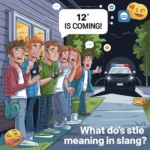 Cartoon illustration of a group of young friends reacting to a message saying “12 is coming” on a smartphone while a police car approaches, representing the slang meaning of 12 as police in texting and internet culture.