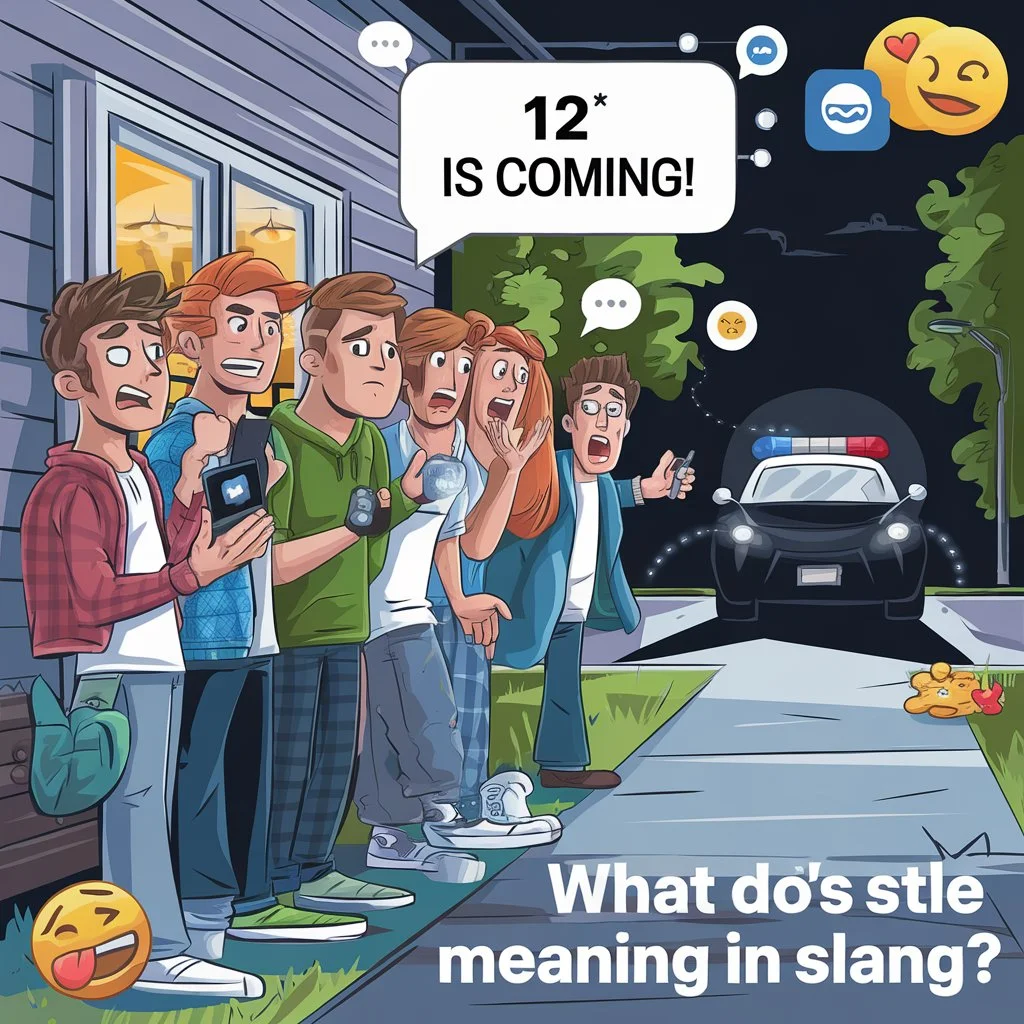 Cartoon illustration of a group of young friends reacting to a message saying “12 is coming” on a smartphone while a police car approaches, representing the slang meaning of 12 as police in texting and internet culture.