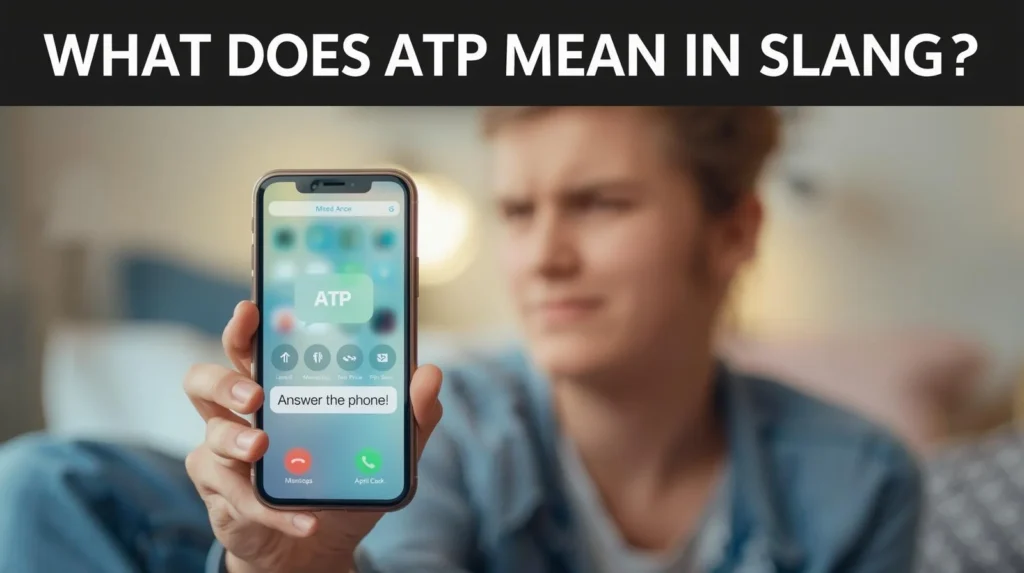 Smartphone screen showing multiple missed calls and a text message saying “ATP – Answer the phone,” illustrating the texting slang ATP meaning used in chats and social media conversations.