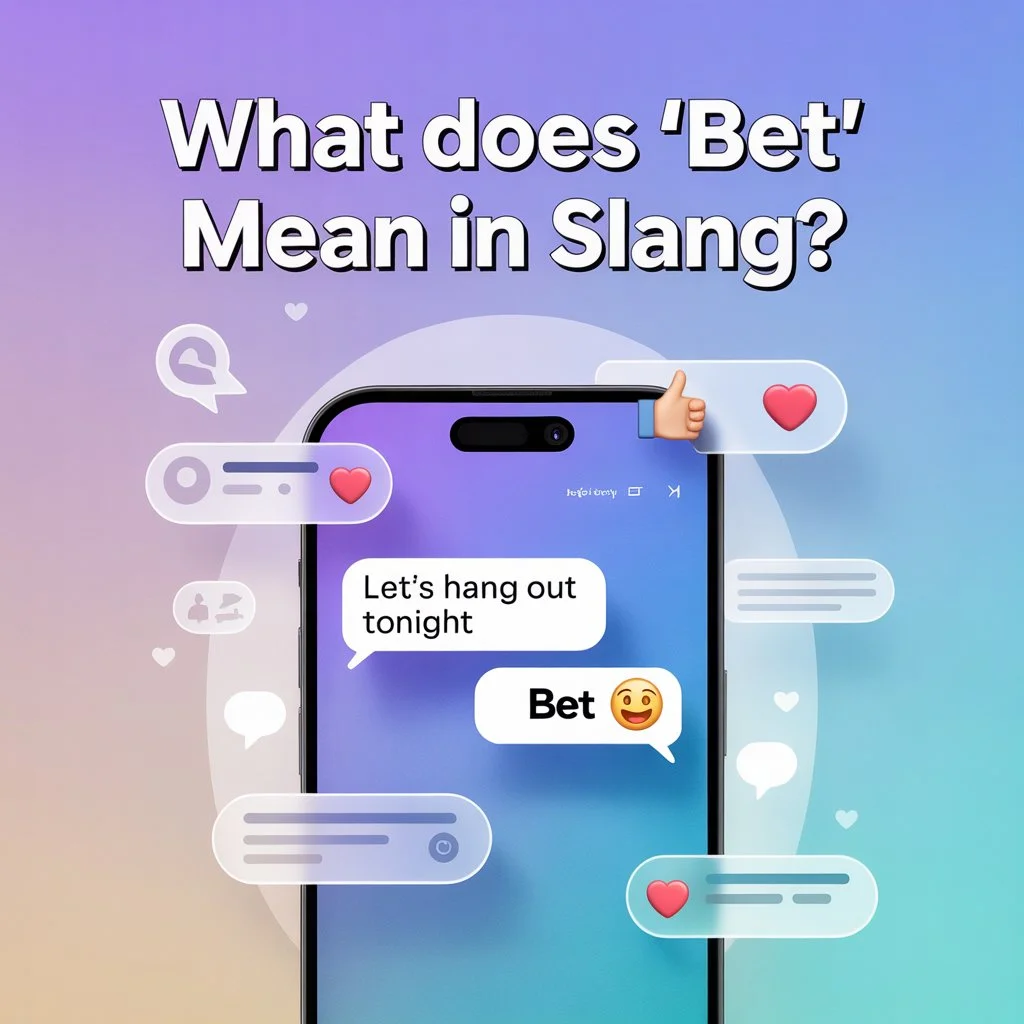 Illustration of a smartphone chat showing the slang word “bet” as a reply, explaining what “bet” means in texting and modern social media conversations.