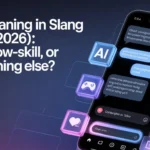 Smartphone displaying chat messages with AI icons and gaming symbols, illustrating the slang meaning of “bot” as fake, automated, or low-skill behavior in online chats and gaming culture.