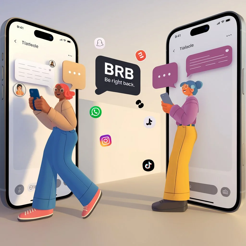 Illustration of two people texting on smartphones with a chat bubble showing “BRB – Be Right Back,” explaining the meaning of BRB in chat, texting, and social media conversations.