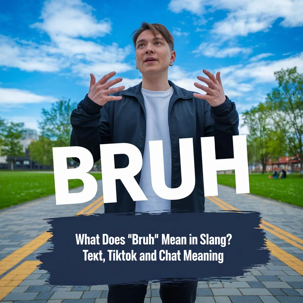 Person standing outdoors on a path with hands raised in a confused or expressive gesture, with large text “BRUH” and subtitle explaining what “bruh” means in slang for text, TikTok, and chat.