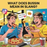 Illustration of two friends texting on smartphones while eating pizza and burgers with a chat bubble saying “This food is bussin,” explaining the slang meaning of bussin in text and social media.