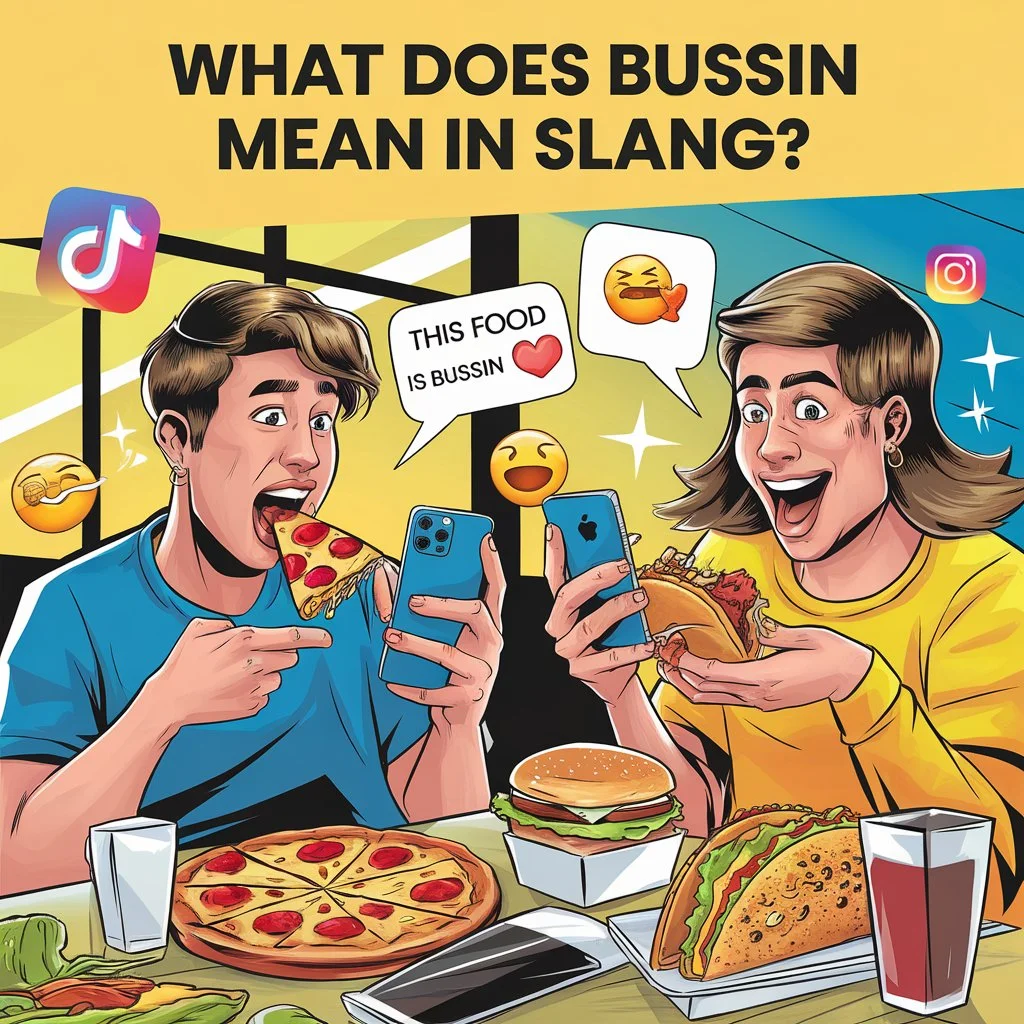 Illustration of two friends texting on smartphones while eating pizza and burgers with a chat bubble saying “This food is bussin,” explaining the slang meaning of bussin in text and social media.