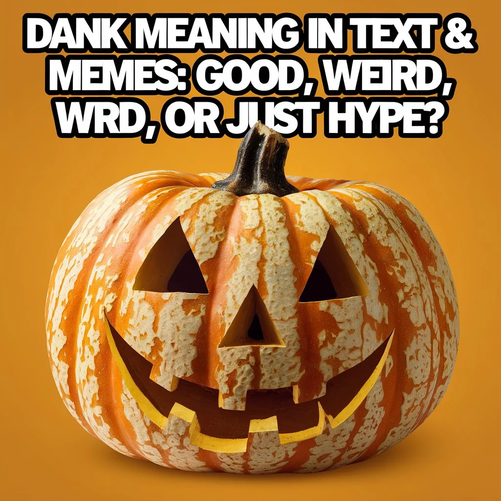 Carved pumpkin with a smiling face and bold text reading “Dank meaning in text & memes,” illustrating the slang meaning of dank in internet culture