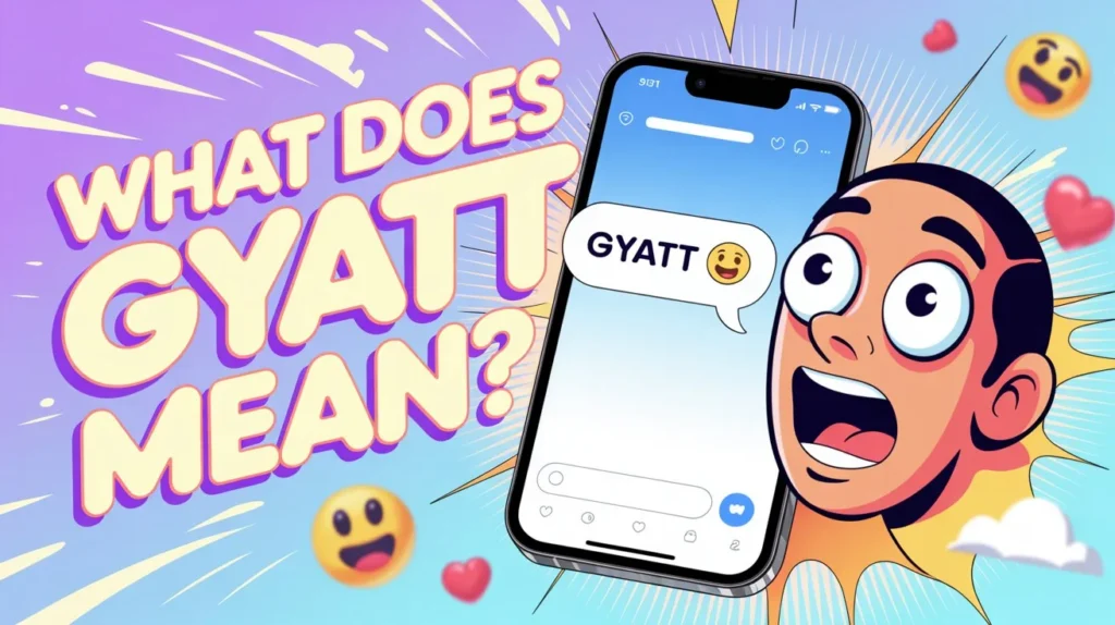 Smartphone showing a chat or TikTok comment with “GYATT 😳🔥,” alongside a surprised reaction character, set on a bright, colorful background with emojis and bold text “What Does Gyatt Mean?” in a fun, energetic style.