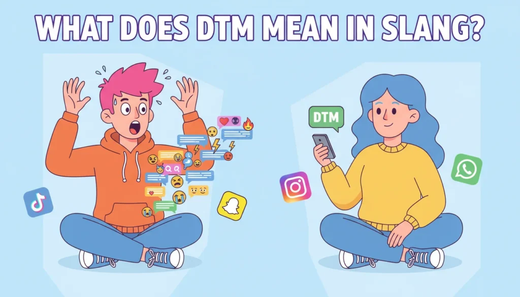 Illustration of two friends texting on smartphones where one sends many dramatic messages and the other replies “DTM,” representing the slang meaning “Doing Too Much” in online chats and social media conversations.
